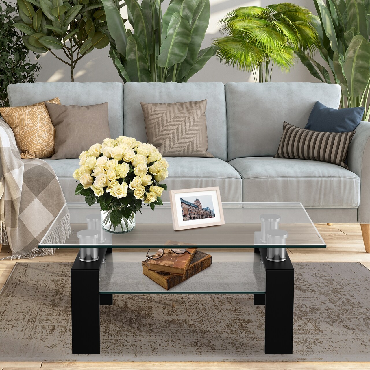 Rectangle Glass Coffee Table With Metal Legs For Living Room